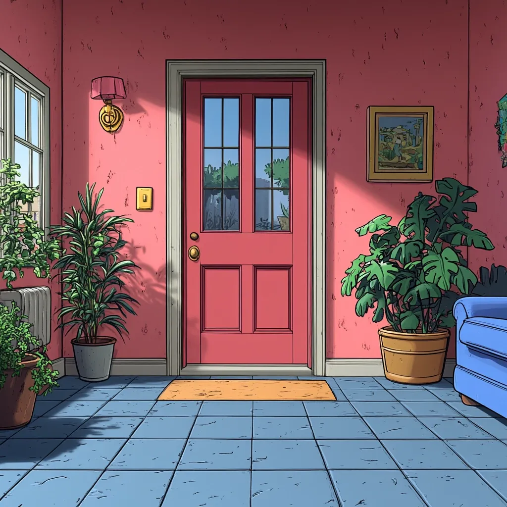 A sunlit entryway features a pink wall, a coral-colored door, and blue tile flooring.  Potted plants, including a monstera deliciosa, add a touch of greenery.  A small orange doormat sits before the door. A blue couch is partially visible in the corner, and a framed picture hangs on the wall. The overall style is cartoonish and bright.