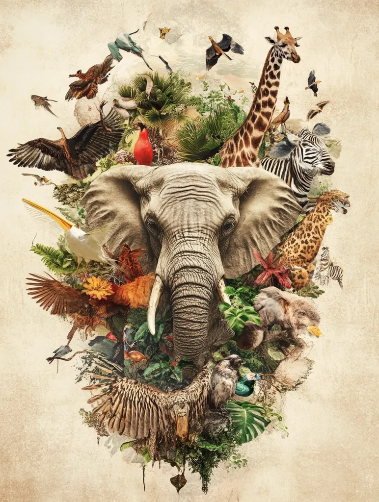 A majestic African elephant takes center stage, surrounded by a vibrant tapestry of wildlife.  Birds in flight, a giraffe, zebra, and leopard are intricately woven into a lush jungle scene.  The composition is rich with color and detail, evoking the beauty and diversity of the African savanna.  The artistic style blends photorealistic elements with painterly techniques, creating a visually stunning piece.