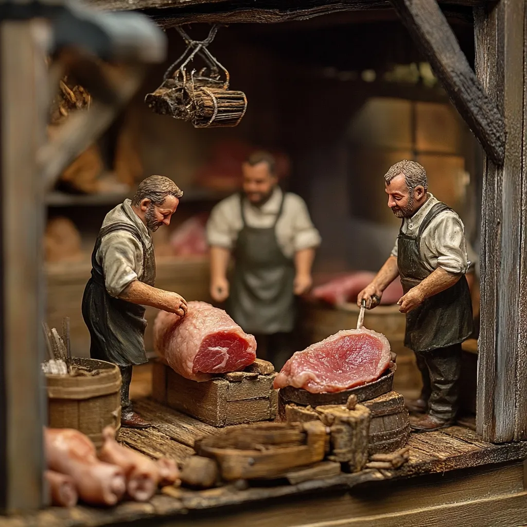 A meticulously crafted diorama depicts a bustling butcher shop.  Three miniature butchers, in period attire and aprons, work diligently.  One carefully slices a large cut of meat, while another prepares a separate piece.  Wooden barrels, crates, and tools surround them, adding to the scene's authentic detail. The overall ambiance suggests a historical setting, possibly a medieval or early modern era.  Small pig carcasses lie near the bottom, emphasizing the butchering nature of the scene.