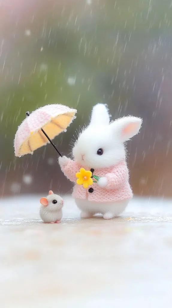 A fluffy white bunny, wearing a pink knitted cardigan, holds a small pink umbrella in the rain.  A tiny white mouse stands beside it.  The scene is soft and whimsical, with a gentle, blurred background suggesting a tranquil outdoor setting. The bunny appears to be protecting the mouse from the rain with its umbrella and also holds a small yellow flower.
