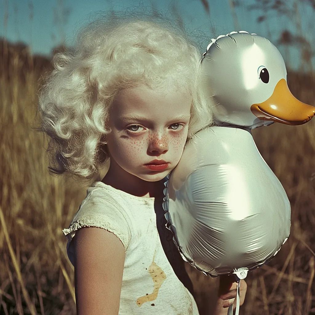 A young girl with striking albino features and curly blonde hair holds a large, silver duck-shaped balloon against her shoulder.  She has freckles and a serious expression.  The setting appears to be a field of tall, dry grass, creating a somewhat melancholic atmosphere.  The girl's clothing is simple and slightly soiled, adding to the image's pensive mood.