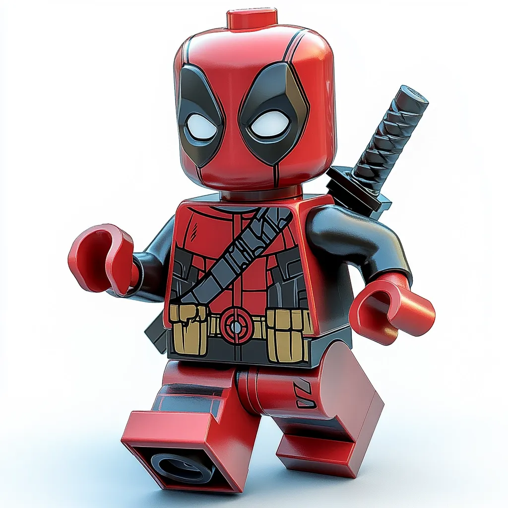 A Lego minifigure of Deadpool is depicted in a dynamic pose, striding forward with his katana strapped to his back.  His signature red and black suit is detailed with accurate markings, and his characteristic mask and white eyes are clearly visible.  The figure is presented against a bright white background, highlighting the vibrant colors of the toy.
