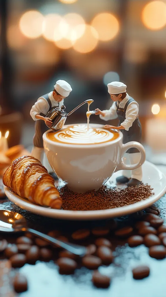 A whimsical scene depicts two miniature chefs meticulously pouring latte art into an oversized coffee cup.  A flaky croissant rests beside the cup, which sits on a saucer surrounded by coffee beans. The warm background bokeh suggests a cozy cafe setting, enhancing the charming, artistic composition.  The image blends fantasy and reality, creating a delightful visual narrative.