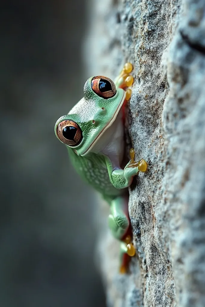 A vibrant green tree frog clings to a textured rock face.  Its large, expressive eyes with orange-ringed pupils are captivating.  The frog's toes grip the stone, with small, yellow-orange egg masses visible near its feet. The background is blurred, focusing attention on the tiny amphibian.  The image showcases a close-up detail of the frog's features and its environment.