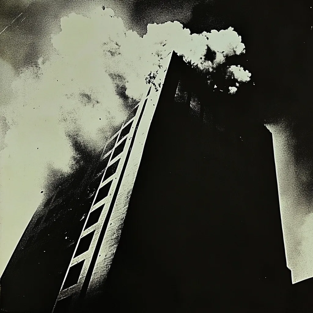 A dramatic black and white image depicts a tall building angled sharply upward against a cloudy sky. The building's silhouette is stark against the light-toned clouds, which fill much of the upper portion of the frame.  The image has a gritty, textured quality, suggesting a photo print with a grainy or aged effect.  The overall mood is one of mystery and imposing height.