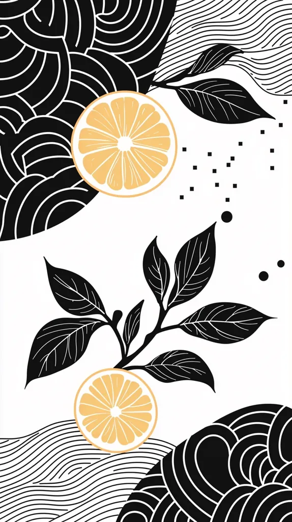 A stylized graphic design features two lemon slices in a pale yellow hue, set against a backdrop of black and white abstract patterns.  Black silhouettes of lemon leaves and branches add to the composition. The design incorporates wave-like and circular motifs, creating a visually balanced and aesthetically pleasing image with a modern, minimalist feel.  The color palette is limited to black, white, and a soft yellow, enhancing the overall graphic impact.