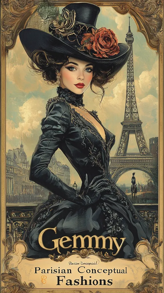 A stunning illustration showcases a woman in elegant Parisian fashion.  She's adorned in a dark, ornate gown and a large, feathered hat, with a rose as an accent. The Eiffel Tower forms a dramatic backdrop to this stylish portrait, evoking a sense of romance and old-world charm. The artwork is titled "Gemmy Parisian Conceptual Fashions," highlighting the design's artistic flair and location.