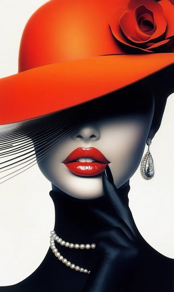 A stylized portrait of a woman, partially obscured by a vibrant red hat adorned with a rose.  She wears a black turtleneck and gloves, a double strand of pearls, and sparkling earrings. Her red lips are full and prominent, and her gaze is subtly hidden behind the hat's brim, creating an air of mystery and elegance. The artwork is characterized by bold colors and smooth lines, suggesting a glamorous and sophisticated aesthetic.