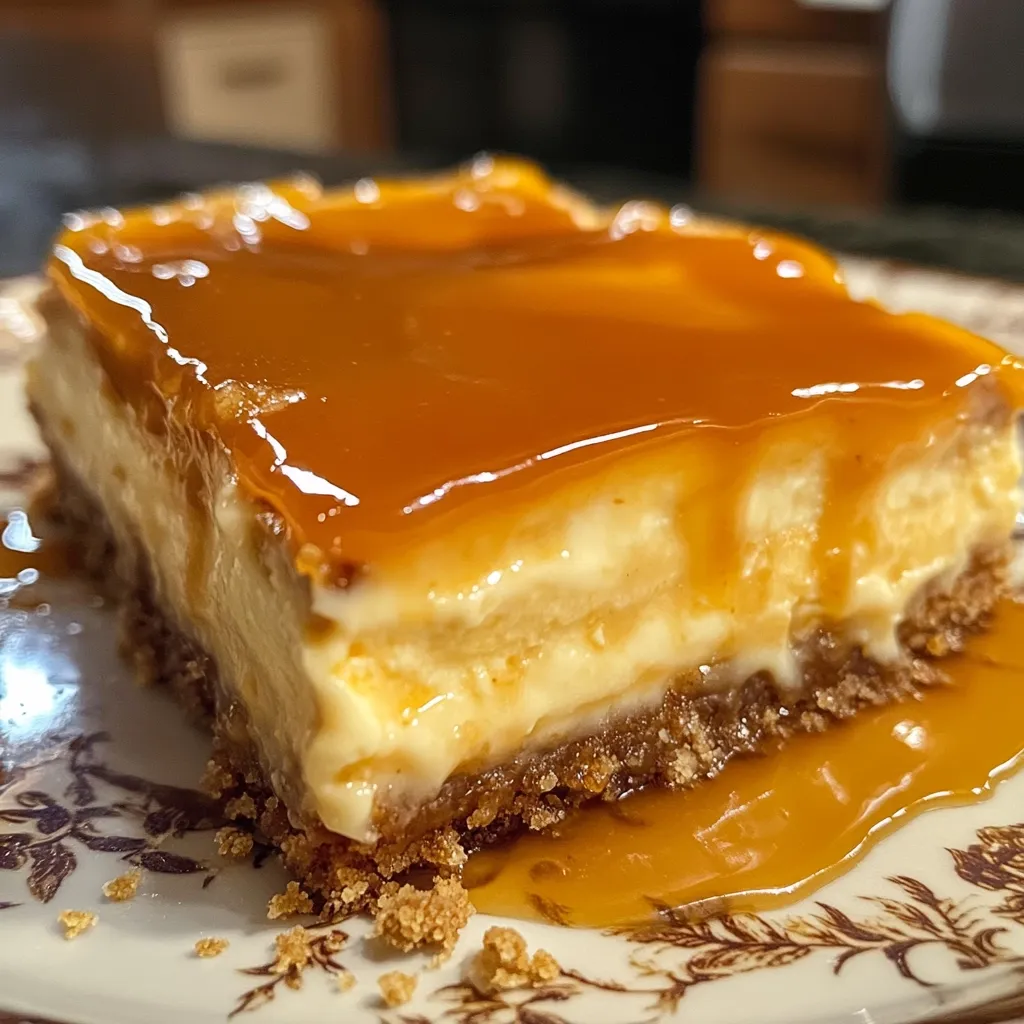 A close-up shot reveals a delectable slice of caramel cheesecake.  The creamy cheesecake filling is topped with a glossy, rich caramel sauce that spills onto the plate. The base appears to be a crunchy graham cracker crust.  The dessert rests on an ornate, off-white plate, highlighting its appealing texture and color.  The image evokes a sense of warmth and indulgence.