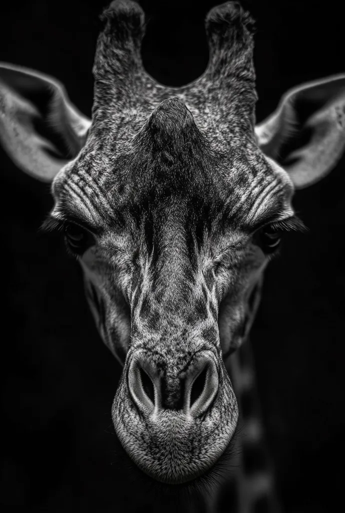 A striking black and white close-up captures the head of a giraffe.  Its large, expressive eyes and distinctive ossicones are sharply defined against the dark background.  The texture of its fur is clearly visible, showcasing the intricate details of its face and the unique pattern of its skin. The giraffe's gaze is direct, creating a powerful and intimate portrait.