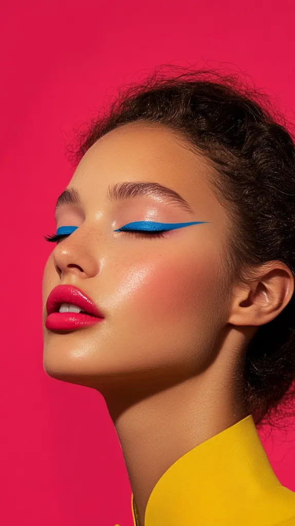 Close-up of a woman's face against a vibrant pink backdrop. She sports a bold, graphic eyeliner in electric blue, complementing her glowing complexion and bright pink lipstick.  Her dark, curly hair is styled up, and she's wearing a bright yellow collared top. The image is striking and emphasizes color contrast and makeup artistry.