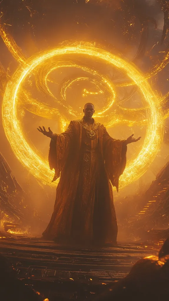 A dark-skinned sorcerer, clad in a flowing golden robe, stands before a swirling, fiery orange ring.  His arms are outstretched, seemingly controlling the luminous energy. The scene is set within a dimly lit, fiery landscape, suggesting a powerful magical event or ritual.  The overall ambiance is one of intense energy and mystical power.