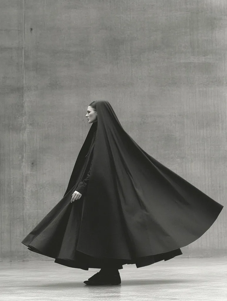 A black and white photograph depicts a woman in a flowing, floor-length black cloak. The cloak's voluminous fabric billows dramatically around her as she seems to walk across a smooth, neutral-toned surface before a concrete wall. The image emphasizes the garment's form and texture, creating a sense of elegance and mystery. The model's face is partially obscured, adding to the enigmatic mood.