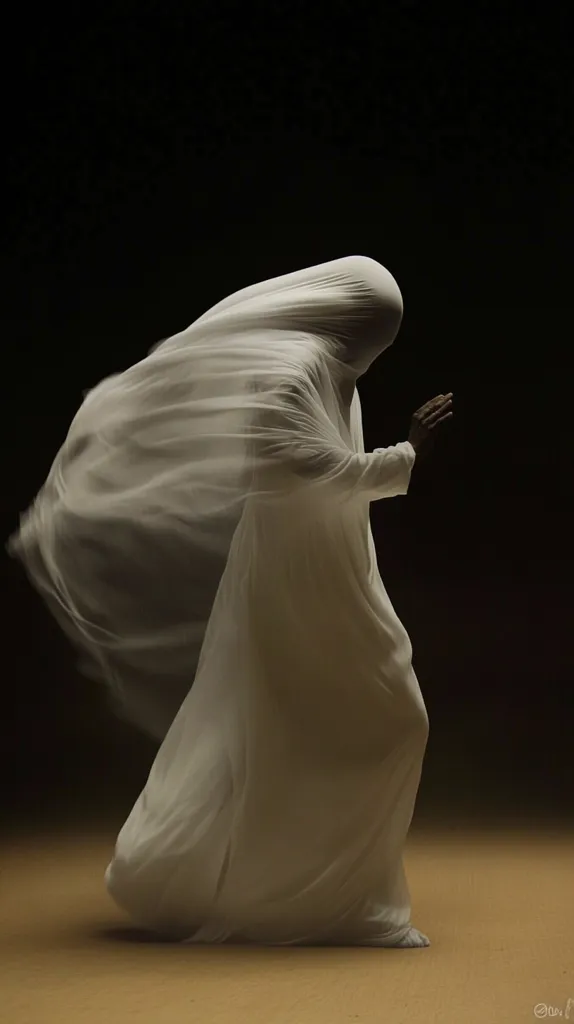 A figure, enveloped in flowing white fabric, moves across a sandy surface. The fabric billows dramatically, obscuring the figure's features and creating a sense of mystery and ethereal movement.  The dark background emphasizes the lightness and fluidity of the garment, creating a striking contrast. The overall effect is one of elegant grace and captivating mystery.