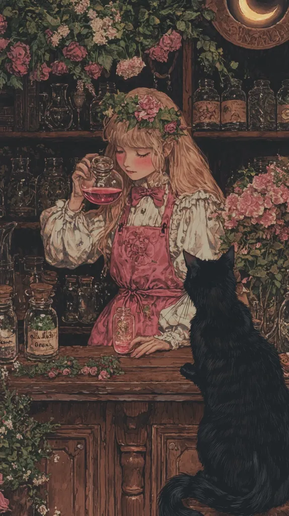 A young woman with blonde hair adorned with a floral crown stands behind a wooden counter, meticulously pouring a dark pink liquid from a glass bottle.  She wears a pink apron over a white blouse and is surrounded by shelves filled with various glass bottles and jars. A black cat sits patiently beside her.  The scene is rich with detail and evokes a whimsical, apothecary-like atmosphere, infused with floral decorations and a mystical ambiance.
