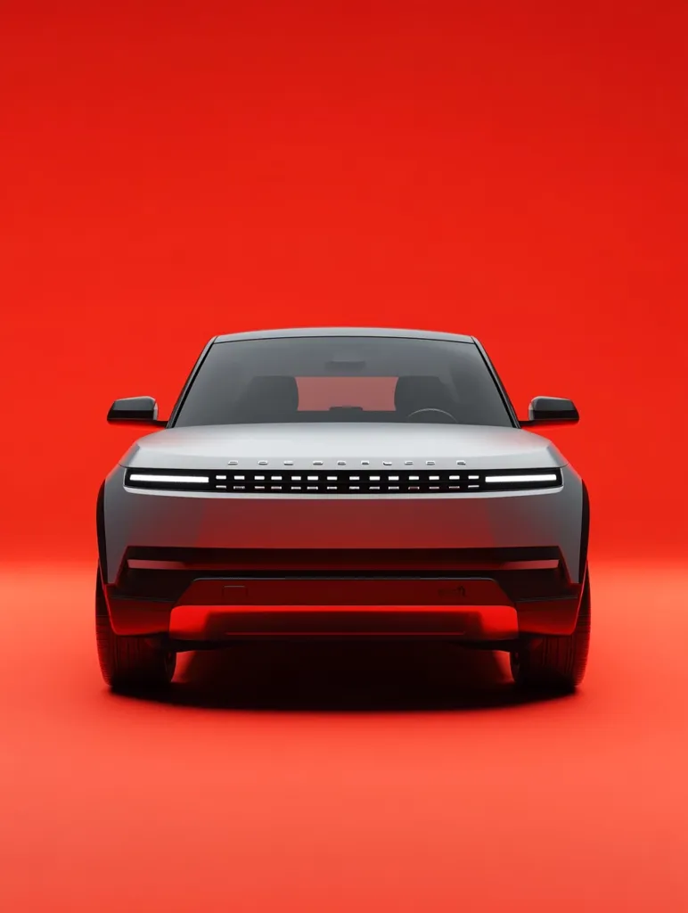 A sleek, silver SUV is presented in a front view, sharply contrasted against a vibrant red background.  The vehicle's design is modern and minimalist, with clean lines and a low profile. The image is studio-lit, emphasizing the car's details and showcasing its futuristic aesthetic. The overall impression is one of sophistication and advanced technology.