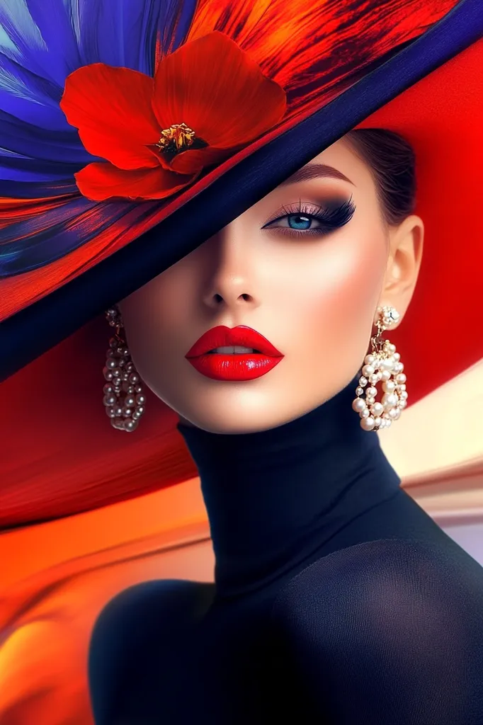 A woman with striking makeup, including bright red lipstick and dramatic eye makeup, is shown wearing a large, flamboyant hat. The hat is predominantly red and orange with blue accents and features a large, red poppy-like flower.  She also wears pearl earrings and a dark turtleneck. The image is highly stylized, with a focus on rich colors and dramatic contrast.