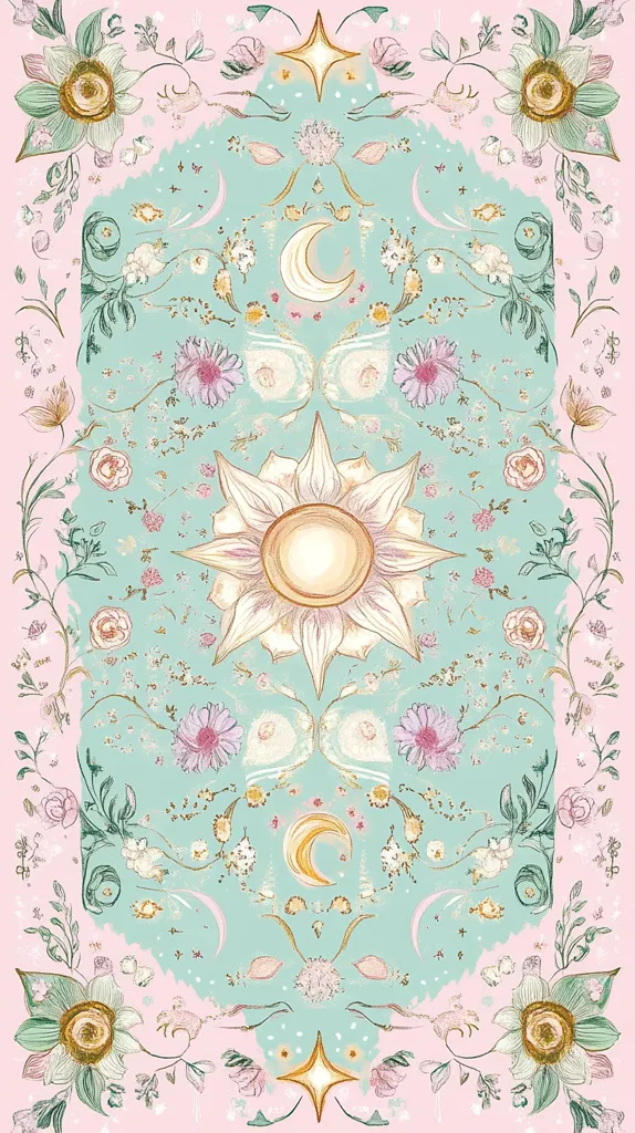 A pastel-colored illustration features a symmetrical design of flowers, moons, stars, and a sun.  The central elements are a large sun and two crescent moons, surrounded by a variety of floral motifs in soft pinks, greens, and yellows.  The overall style evokes a whimsical, celestial, and slightly bohemian aesthetic, with a delicate hand-drawn quality. The background is a pale mint green, framed by a blush pink border.