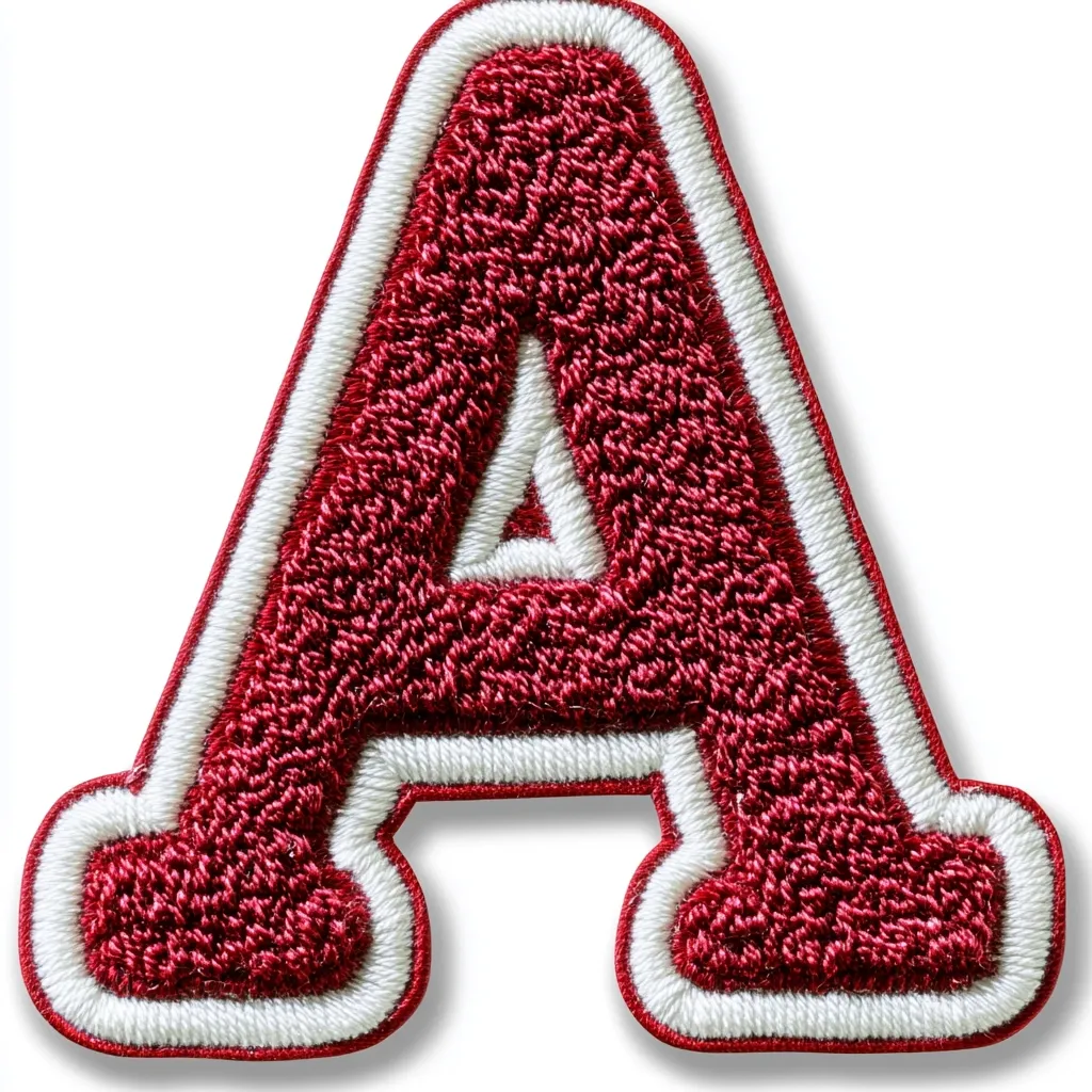 A close-up shot of a maroon letter "A" patch, meticulously embroidered with white outlining. The texture is thick and fuzzy, suggesting a felt or similar material. The patch is presented against a clean white background, casting a subtle shadow below, highlighting its three-dimensional form.  The style is reminiscent of classic varsity letter patches.