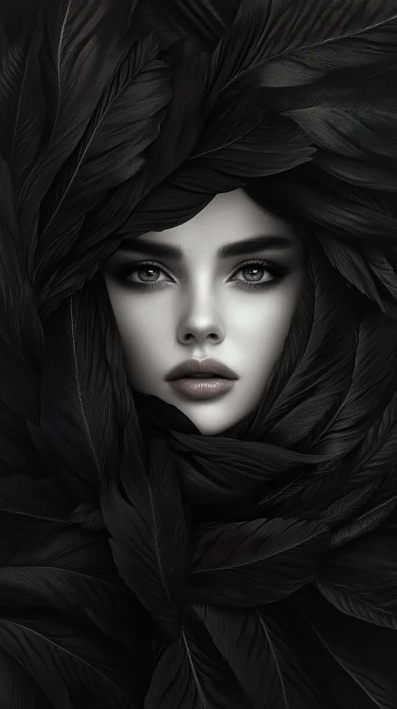 A monochromatic close-up portrait of a woman's face partially obscured by a veil or headwrap of dark feathers.  Her eyes are strikingly prominent, and her expression is serene. The image is dramatic and moody, emphasizing texture and contrast. The dark feathers create a mysterious and elegant frame around her face.