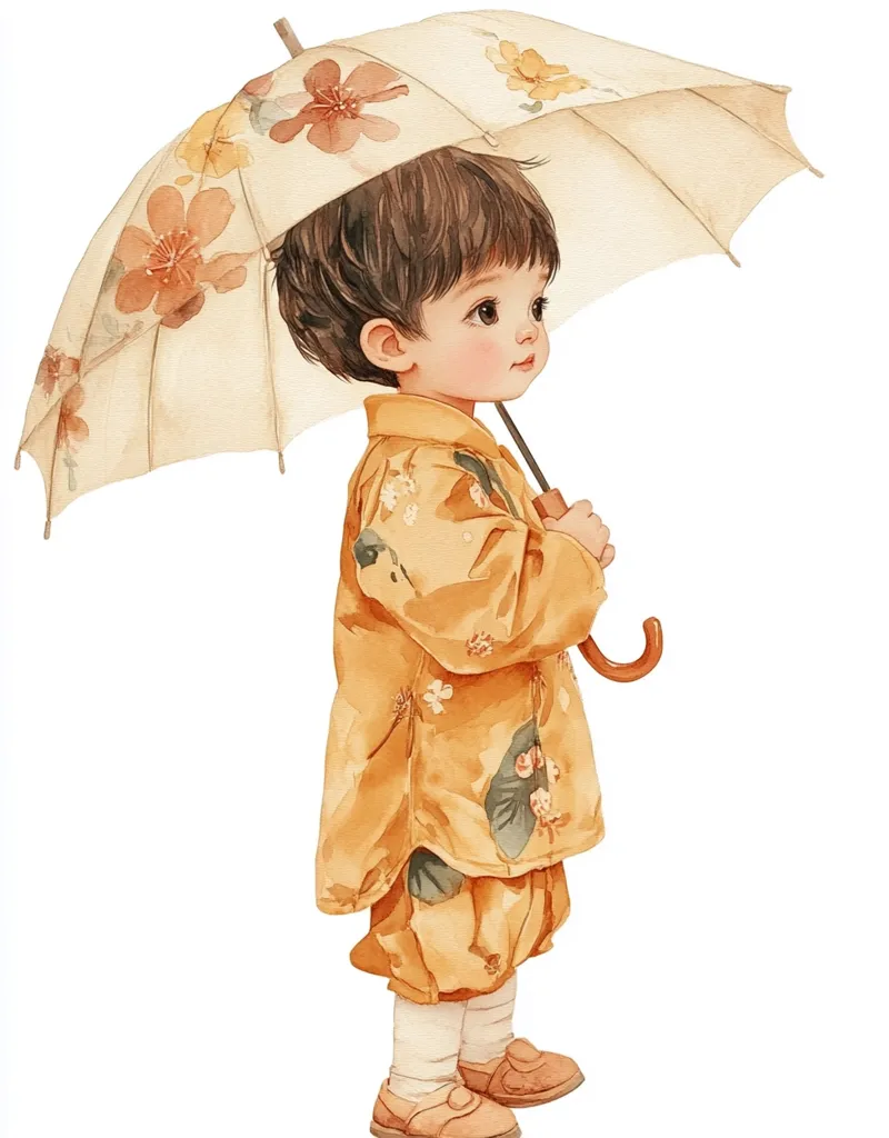 A watercolor illustration depicts a young child, possibly a boy, dressed in a mustard-yellow traditional-style outfit.  He holds a delicate, floral-patterned umbrella, gazing thoughtfully to his right.  The child's features are soft and expressive, his clothing detailed with subtle floral motifs. The overall style is gentle and charming, evocative of a child's innocence and quiet contemplation.