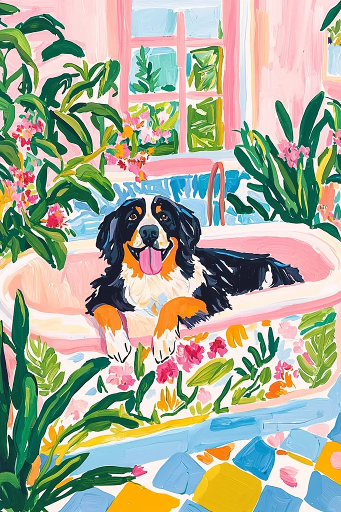 A Bernese Mountain Dog enjoys a luxurious bath in a pink bathtub, surrounded by lush tropical plants and flowers. The vibrant painting features a playful, expressive style, with bold colors and loose brushstrokes. The dog’s happy expression and the cheerful setting create a joyful and whimsical scene.  The bathroom is depicted in a bright, stylized manner, with a cheerful color palette.