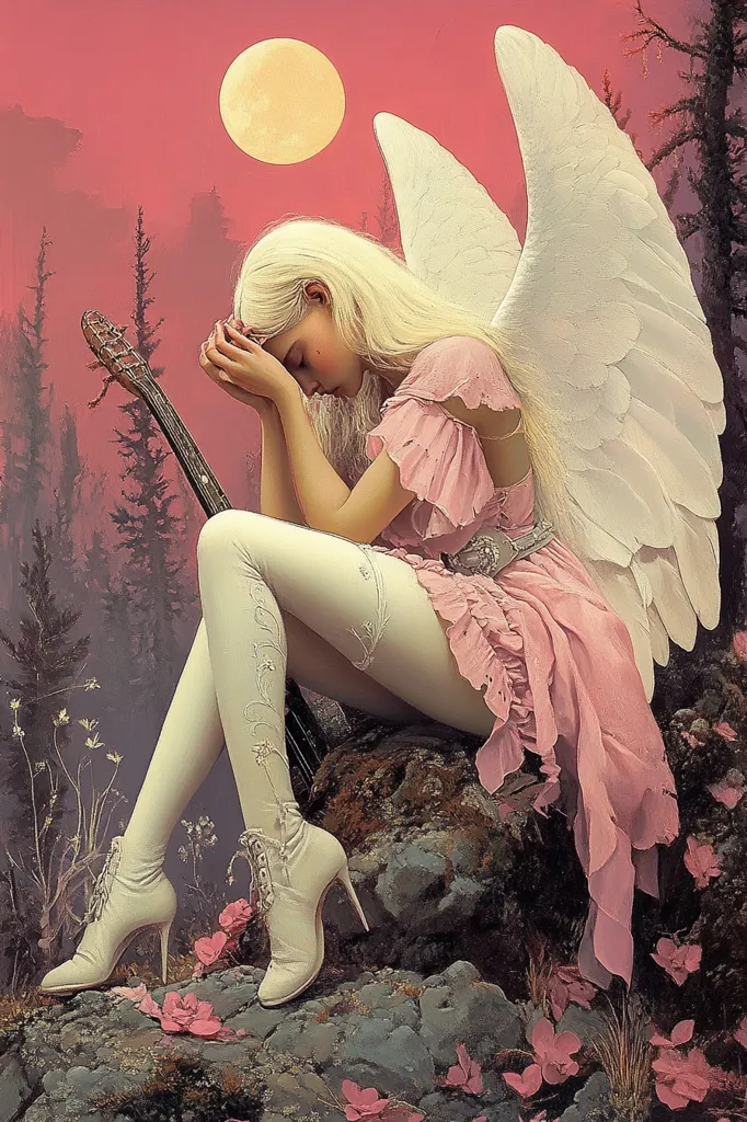 A painting depicts a fair-skinned angel with long blonde hair, wearing a pink dress and white boots. She sits on a rock, head bowed in prayer, a guitar rests beside her.  Large white wings extend from her back. The background features a dusky pink sky, a full moon, and a dark forest. Pink flowers are scattered at her feet. The overall mood is serene and melancholic.