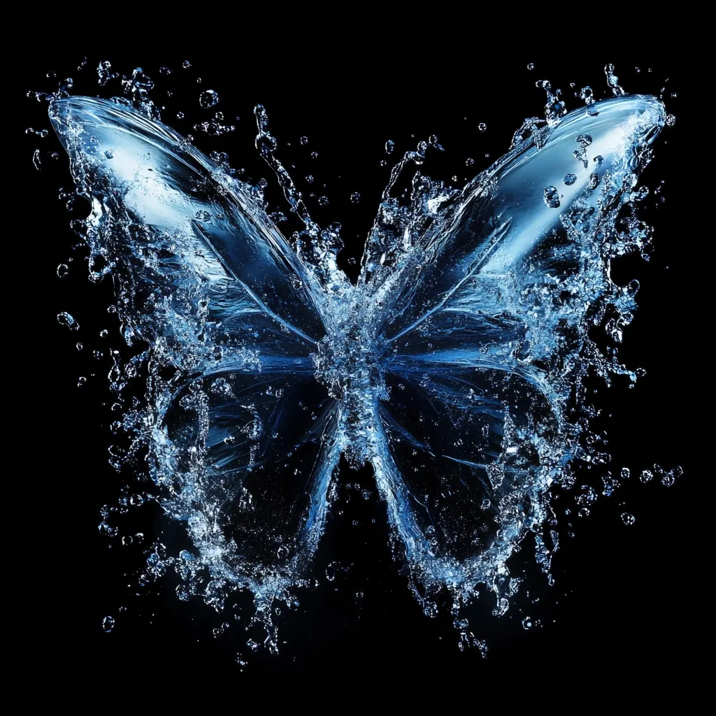 A striking image depicts a butterfly formed from water against a black background.  The wings are intricately detailed, showing the texture and movement of the water as it splashes and flows.  Individual droplets are visible, adding to the ethereal beauty of the aquatic insect.  The dark background accentuates the luminescence of the water, creating a captivating contrast.