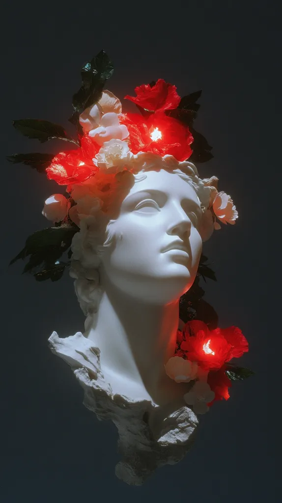 A classical bust of a woman, seemingly made of white marble, is adorned with a crown of red and white flowers. The flowers, subtly illuminated from within, create a striking contrast against the statue's pale surface. The dark background emphasizes the sculpture and its floral headdress, resulting in a visually arresting image that blends classical art with a modern, artistic sensibility. The overall aesthetic is one of ethereal beauty and subtle drama.