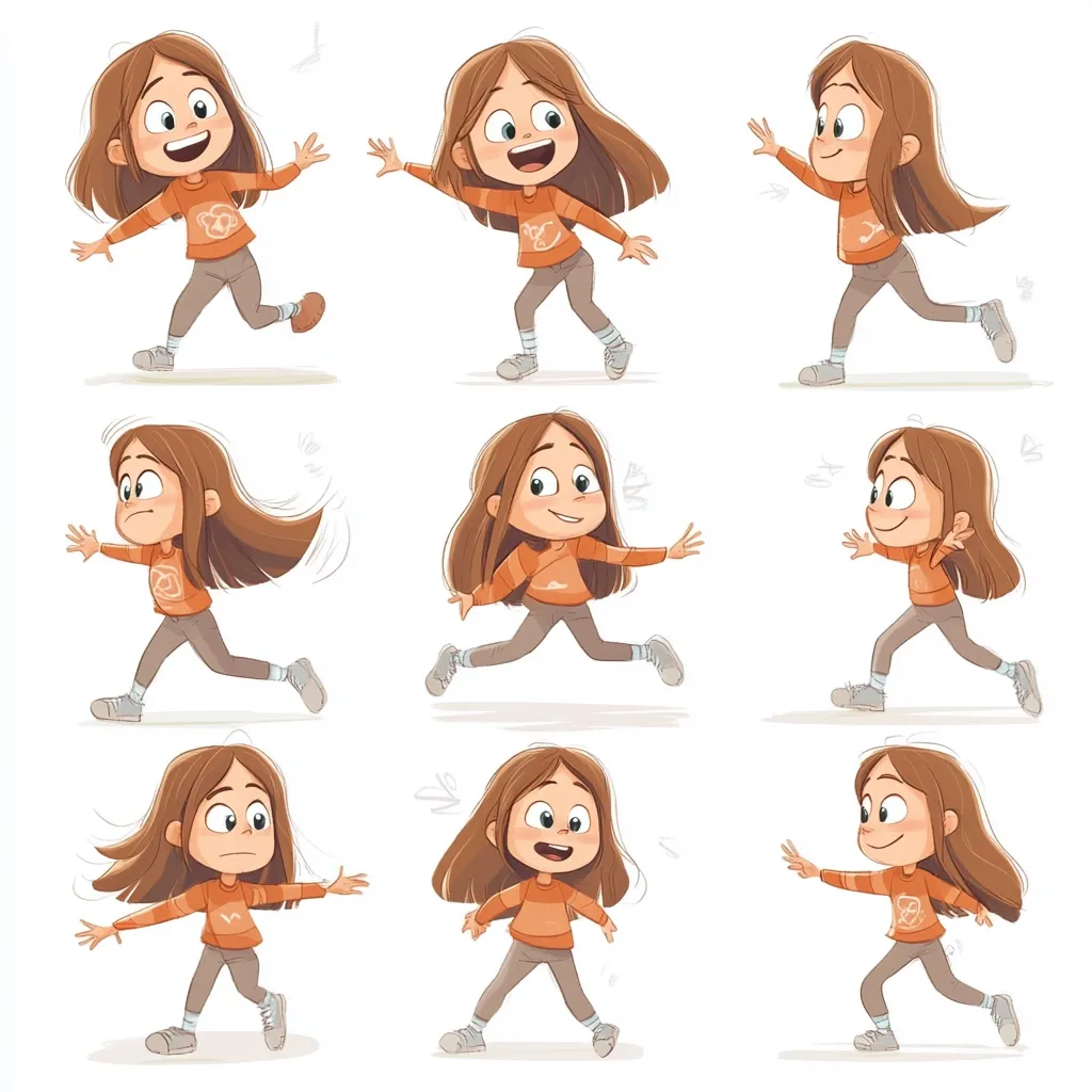 Nine illustrations depict a brown-haired girl in various playful poses.  She is wearing an orange long-sleeved shirt and grey pants.  Her expressions range from joyful and excited to pensive and curious, showcasing a variety of dynamic movements and body language. The style is cartoonish and vibrant, suggesting a lighthearted and energetic personality.
