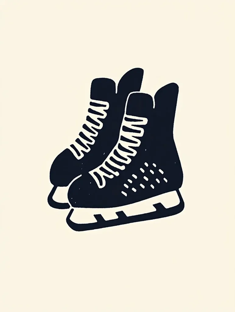 A pair of ice skates are depicted in a simple, black silhouette against a cream-colored background. The skates have laces and are detailed with small dots on the side. The style is reminiscent of a vintage or hand-drawn design, suggesting a classic and perhaps nostalgic representation of the winter sport.  The image is clean and easily recognizable.