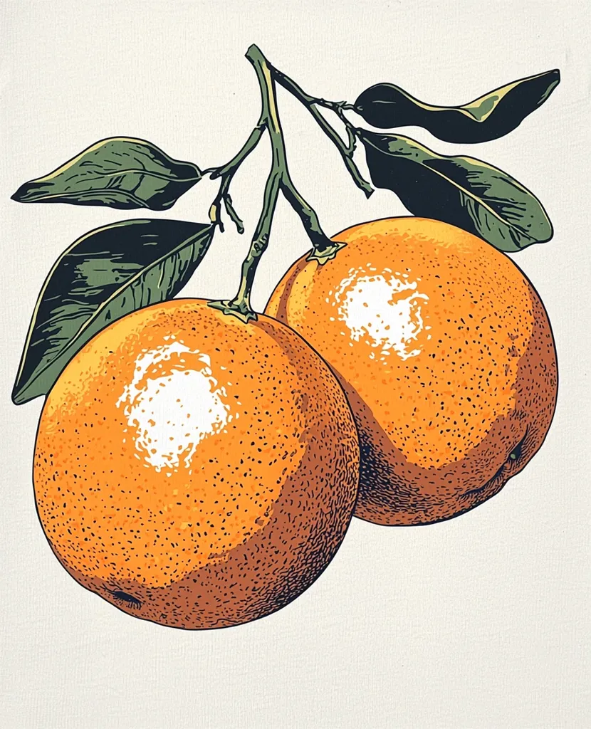 A stylized illustration showcases two vibrant oranges attached to a branch with lush green leaves.  The oranges are depicted with detailed texturing, emphasizing their rough skin.  A hint of white discoloration is visible on each fruit, adding a touch of realism. The overall style is reminiscent of vintage botanical prints or block prints.