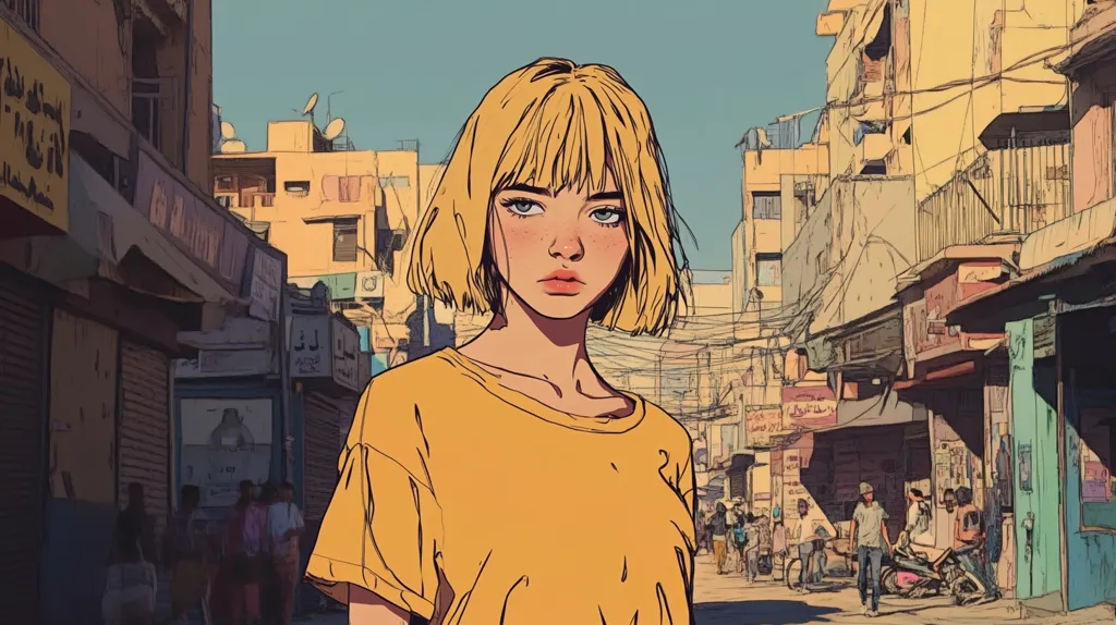 A young woman with blonde bobbed hair and a yellow shirt stands in a bustling, sunlit Middle Eastern street.  The scene is rendered in a stylized, anime-influenced art style, with detailed background buildings and a warm color palette.  People are visible in the background, going about their daily lives, adding to the lively atmosphere of the street.  The overall impression is one of quiet contemplation contrasted with the busy urban setting.