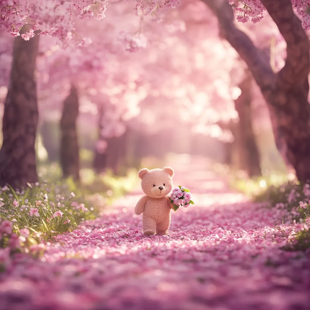 A teddy bear carrying a small bouquet of pink flowers walks down a path strewn with fallen cherry blossoms.  The path is lined with blooming cherry trees, creating a magical, pink-hued scene.  Sunlight filters through the branches, casting a soft glow on the enchanting setting. The overall atmosphere is serene and whimsical.