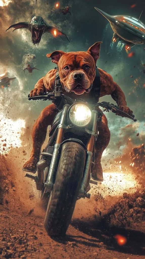 A muscular, brown Pit Bull terrier rides a motorcycle at high speed through a dusty, apocalyptic landscape.  Alien spacecraft and monstrous creatures fill the stormy sky above, creating a dramatic, action-packed scene.  The dog wears a harness, seemingly unfazed by the surrounding chaos.  The image is a digitally created artwork, blending realistic canine features with fantastical elements.
