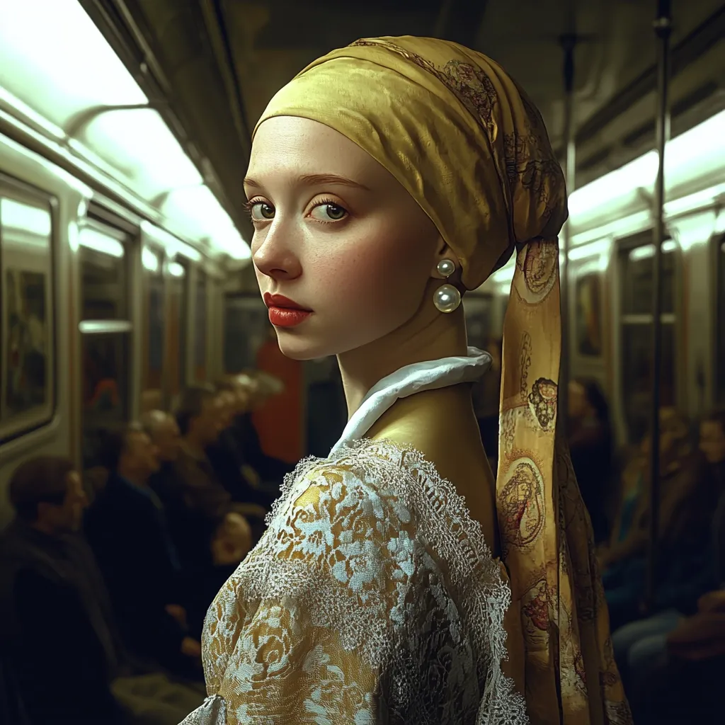 A young woman, reminiscent of a 17th-century Dutch painting, stands on a subway car.  She wears a yellow headscarf patterned with a map-like design, a delicate lace-trimmed blouse, and pearl earrings.  The dimly lit subway car, filled with blurred commuters, provides a stark contrast to her vibrant attire and refined features.  The image blends historical aesthetics with a modern setting.