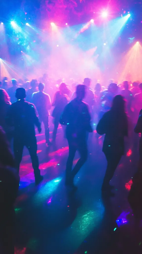 A vibrant nightclub scene pulsates with energy.  Silhouetted figures dance under a wash of pink and blue lights, the hazy atmosphere adding to the intoxicating ambiance.  The dance floor reflects the multicolored beams, creating a dynamic and captivating visual spectacle.  The crowd is immersed in the music, their movements barely discernible in the low light.