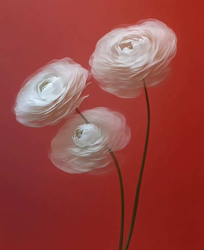 Three delicate white ranunculus flowers, seemingly translucent, are captured against a vibrant red backdrop.  Their layered petals create a soft, ethereal effect. The stems are slender and dark, contrasting beautifully with the blossoms.  The overall image is simple yet elegant, showcasing the flowers' subtle beauty.