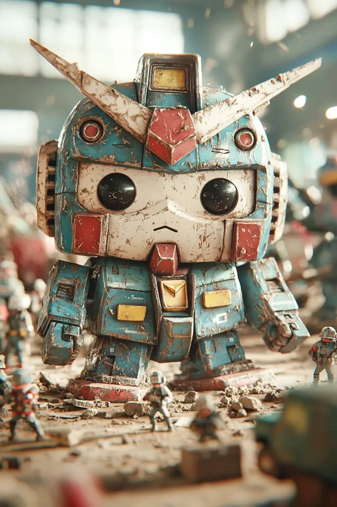 A weathered, chibi-style Gundam robot stands amidst a battlefield strewn with rubble.  Smaller figures, resembling soldiers, surround the larger mecha, creating a sense of scale and post-battle desolation. The robot's paint is chipped and scratched, hinting at past battles, while its large, expressive eyes convey a sense of weariness. The overall scene is a blend of cute and gritty, capturing a unique juxtaposition.
