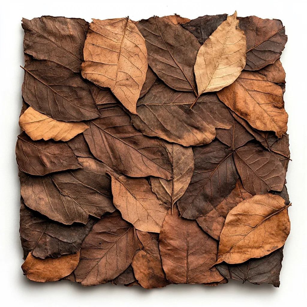 A square arrangement of dried leaves in varying shades of brown.  The leaves are densely packed together, creating a textured surface.  The color palette ranges from light tan to deep brown, suggesting autumnal tones. The image has a natural, organic feel, possibly representing a collage or artistic composition. The leaves are overlapping, showcasing their delicate veins and structure.