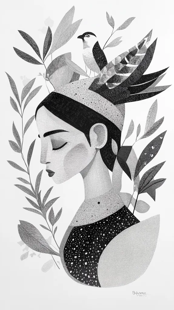A grayscale illustration features a woman's profile, her head adorned with stylized foliage and a bird perched atop.  The woman's expression is serene, her eyes closed.  The style is meticulously detailed, using pointillism or stippling to create texture and shading in the woman's hair, clothing, and the surrounding botanical elements.  The overall mood is peaceful and contemplative.
