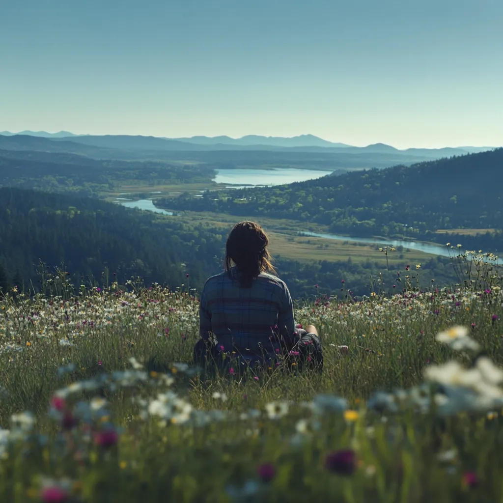 A person sits in a field of wildflowers, overlooking a serene river valley.  Rolling hills and mountains stretch into the distance under a clear, pale blue sky. The scene is peaceful and tranquil, emphasizing the beauty of nature and a moment of quiet contemplation. The back of the person is visible, their gaze directed toward the expansive landscape.