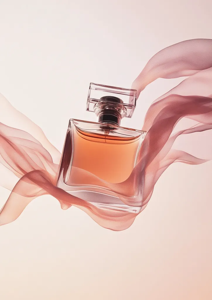 A bottle of amber-colored perfume is elegantly displayed against a soft, light background.  Delicate, flowing rose-colored fabric swirls around the perfume bottle, adding a touch of luxury and sophistication to the image.  The clear glass bottle showcases the perfume's rich color, creating a visually appealing and captivating composition.