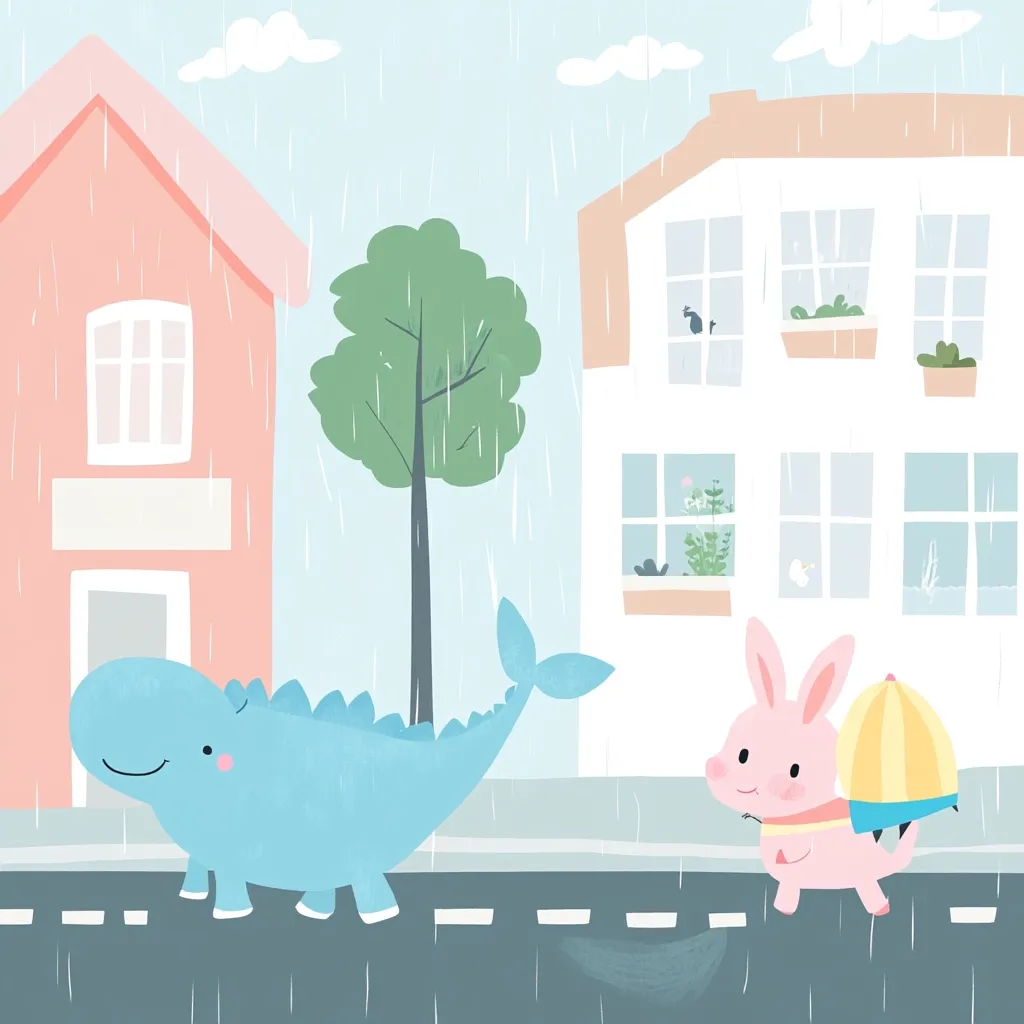 A charming illustration depicts a rainy day scene in a town. A light blue dinosaur and a pink bunny rabbit walk down a street.  Pastel-colored houses line the street, with rain gently falling. The bunny carries a small yellow umbrella. The scene is sweet and whimsical, perfect for children's books or wall art.