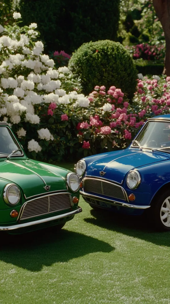 Two classic Mini Coopers, one green and one blue, are parked on a lush green lawn.  Behind them, a vibrant garden displays white and pink rhododendrons, framed by green shrubs and trees. The scene is idyllic, suggesting a peaceful and affluent setting.  Sunlight bathes the scene, highlighting the polished paint of the cars and the flowers' delicate colors.