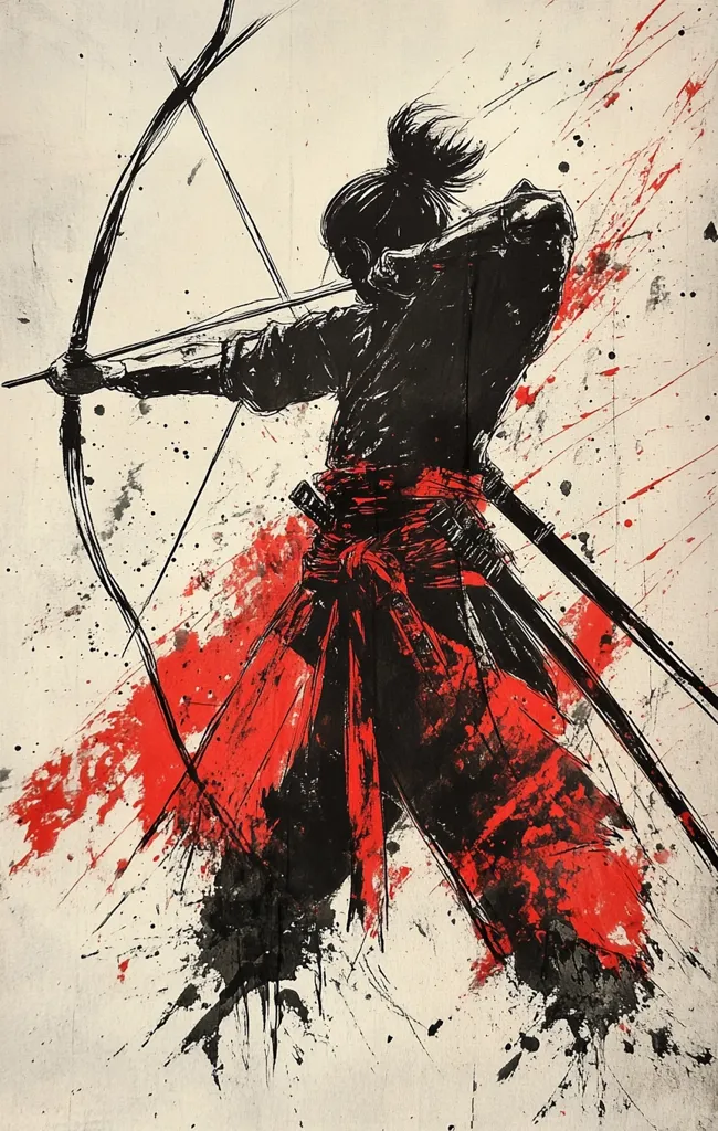 A stylized illustration depicts a samurai archer in dynamic action.  The figure is rendered in stark black ink against a muted beige background splashed with vibrant red, suggesting movement and perhaps bloodshed.  The samurai's long hair is pulled back, and they wield a large bow and arrow, with two swords sheathed at their hip. The overall style is expressive and evocative of Japanese art.