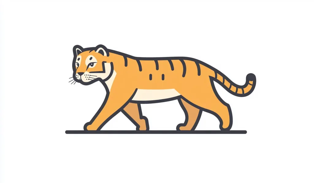 A stylized illustration of a tiger walking.  The tiger is depicted in orange and cream tones, with bold black outlines defining its form. Its stripes are simplified, creating a clean, modern aesthetic. The image is set against a plain white background, emphasizing the tiger's design. The style is reminiscent of a logo or graphic element.