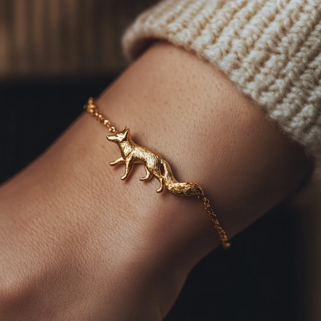 A delicate gold bracelet adorns a woman's wrist.  The bracelet features a charming, intricately detailed fox charm as its centerpiece. The warm gold tone complements the soft skin tone, and the overall aesthetic is elegant and subtly whimsical.  The background is blurred, focusing attention on the bracelet and the model's arm.
