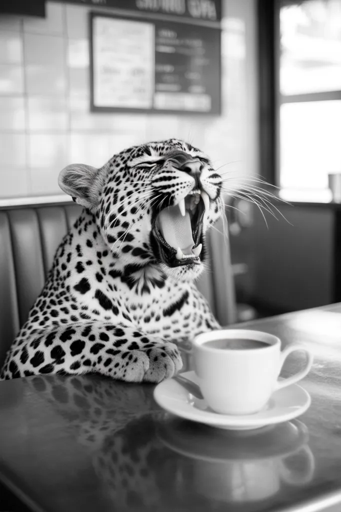 A black and white photograph shows a leopard sitting at a table in a cafe, yawning widely.  Its paws rest on the table near a small cup and saucer of coffee. The leopard's spotted fur is clearly visible, contrasting against the smooth surface of the table and the simple elegance of the cafe setting. The overall mood is humorous and slightly surreal.
