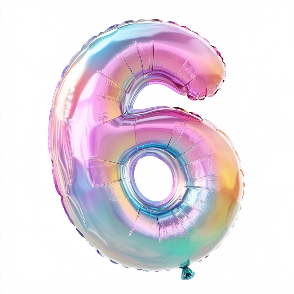 A iridescent foil balloon in the shape of the number six is shown against a white background.  The balloon displays a pastel color scheme with shades of pink, purple, teal, and yellow, creating a rainbow effect.  It's inflated and ready for a celebration. The balloon's reflective surface catches the light, adding to its vibrant appearance.